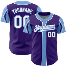 Load image into Gallery viewer, Custom Purple White-Light Blue 3 Colors Arm Shapes Authentic Baseball Jersey
