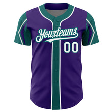 Load image into Gallery viewer, Custom Purple White-Teal 3 Colors Arm Shapes Authentic Baseball Jersey
