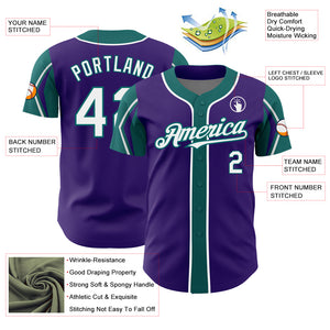 Custom Purple White-Teal 3 Colors Arm Shapes Authentic Baseball Jersey