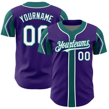 Load image into Gallery viewer, Custom Purple White-Teal 3 Colors Arm Shapes Authentic Baseball Jersey
