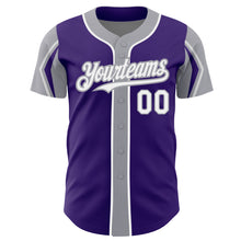 Load image into Gallery viewer, Custom Purple White-Gray 3 Colors Arm Shapes Authentic Baseball Jersey

