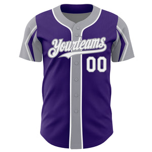 Custom Purple White-Gray 3 Colors Arm Shapes Authentic Baseball Jersey