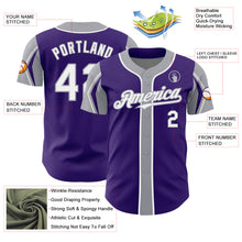Load image into Gallery viewer, Custom Purple White-Gray 3 Colors Arm Shapes Authentic Baseball Jersey
