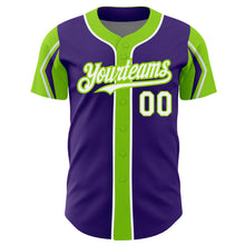 Load image into Gallery viewer, Custom Purple White-Neon Green 3 Colors Arm Shapes Authentic Baseball Jersey
