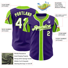 Load image into Gallery viewer, Custom Purple White-Neon Green 3 Colors Arm Shapes Authentic Baseball Jersey
