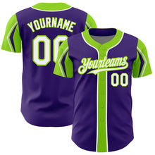 Laden Sie das Bild in den Galerie-Viewer, Custom Purple White-Neon Green 3 Colors Arm Shapes Authentic Baseball Jersey
