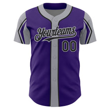 Laden Sie das Bild in den Galerie-Viewer, Custom Purple Black-Gray 3 Colors Arm Shapes Authentic Baseball Jersey

