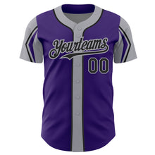Load image into Gallery viewer, Custom Purple Black-Gray 3 Colors Arm Shapes Authentic Baseball Jersey
