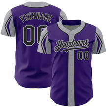 Laden Sie das Bild in den Galerie-Viewer, Custom Purple Black-Gray 3 Colors Arm Shapes Authentic Baseball Jersey
