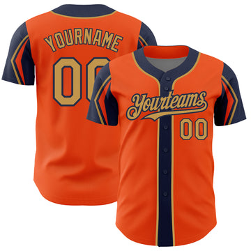 Custom Orange Old Gold-Navy 3 Colors Arm Shapes Authentic Baseball Jersey