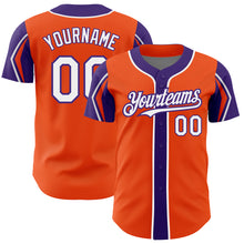 Laden Sie das Bild in den Galerie-Viewer, Custom Orange White-Purple 3 Colors Arm Shapes Authentic Baseball Jersey
