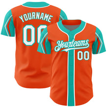 Load image into Gallery viewer, Custom Orange White-Aqua 3 Colors Arm Shapes Authentic Baseball Jersey
