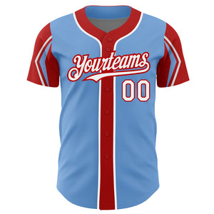 Custom Light Blue White-Red 3 Colors Arm Shapes Authentic Baseball Jersey