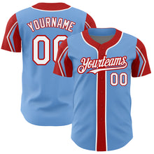 Load image into Gallery viewer, Custom Light Blue White-Red 3 Colors Arm Shapes Authentic Baseball Jersey
