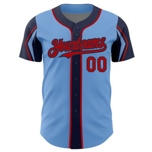 Custom Light Blue Red-Navy 3 Colors Arm Shapes Authentic Baseball Jersey
