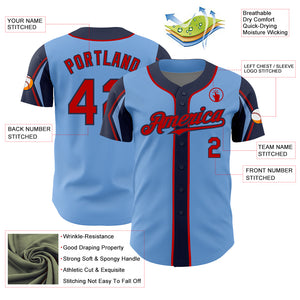 Custom Light Blue Red-Navy 3 Colors Arm Shapes Authentic Baseball Jersey