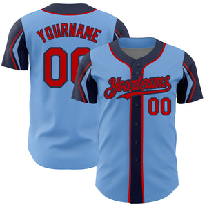 Custom Light Blue Red-Navy 3 Colors Arm Shapes Authentic Baseball Jersey