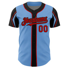 Laden Sie das Bild in den Galerie-Viewer, Custom Light Blue Red-Black 3 Colors Arm Shapes Authentic Baseball Jersey
