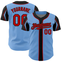Load image into Gallery viewer, Custom Light Blue Red-Black 3 Colors Arm Shapes Authentic Baseball Jersey
