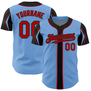 Custom Light Blue Red-Black 3 Colors Arm Shapes Authentic Baseball Jersey