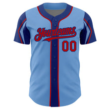 Laden Sie das Bild in den Galerie-Viewer, Custom Light Blue Red-Royal 3 Colors Arm Shapes Authentic Baseball Jersey
