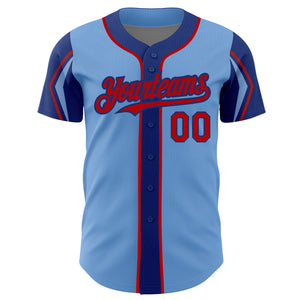 Custom Light Blue Red-Royal 3 Colors Arm Shapes Authentic Baseball Jersey