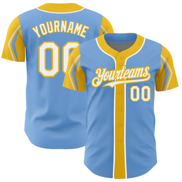 Custom Light Blue White-Yellow 3 Colors Arm Shapes Authentic Baseball Jersey