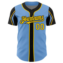 Load image into Gallery viewer, Custom Light Blue Yellow-Black 3 Colors Arm Shapes Authentic Baseball Jersey
