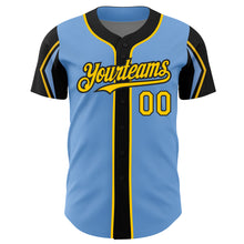 Laden Sie das Bild in den Galerie-Viewer, Custom Light Blue Yellow-Black 3 Colors Arm Shapes Authentic Baseball Jersey
