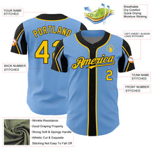 Load image into Gallery viewer, Custom Light Blue Yellow-Black 3 Colors Arm Shapes Authentic Baseball Jersey
