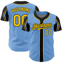 Load image into Gallery viewer, Custom Light Blue Yellow-Black 3 Colors Arm Shapes Authentic Baseball Jersey
