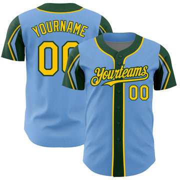 Custom Light Blue Yellow-Green 3 Colors Arm Shapes Authentic Baseball Jersey