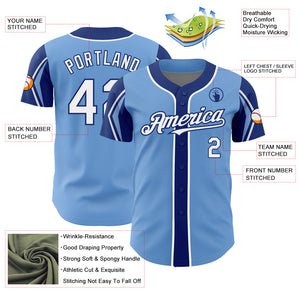 Custom Light Blue White-Royal 3 Colors Arm Shapes Authentic Baseball Jersey