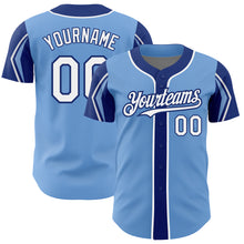 Load image into Gallery viewer, Custom Light Blue White-Royal 3 Colors Arm Shapes Authentic Baseball Jersey
