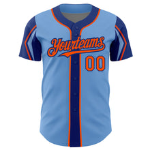 Charger l&#39;image dans la galerie, Custom Light Blue Orange-Royal 3 Colors Arm Shapes Authentic Baseball Jersey
