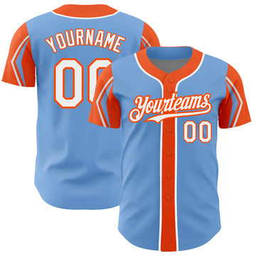 Custom Light Blue White-Orange 3 Colors Arm Shapes Authentic Baseball Jersey
