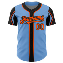 Laden Sie das Bild in den Galerie-Viewer, Custom Light Blue Orange-Black 3 Colors Arm Shapes Authentic Baseball Jersey
