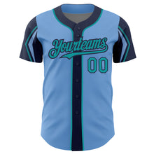 Laden Sie das Bild in den Galerie-Viewer, Custom Light Blue Teal-Navy 3 Colors Arm Shapes Authentic Baseball Jersey
