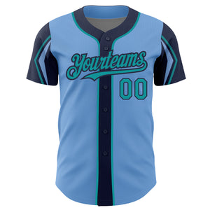 Custom Light Blue Teal-Navy 3 Colors Arm Shapes Authentic Baseball Jersey