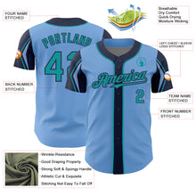 Laden Sie das Bild in den Galerie-Viewer, Custom Light Blue Teal-Navy 3 Colors Arm Shapes Authentic Baseball Jersey
