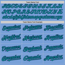 Laden Sie das Bild in den Galerie-Viewer, Custom Light Blue Teal-Navy 3 Colors Arm Shapes Authentic Baseball Jersey
