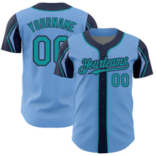 Load image into Gallery viewer, Custom Light Blue Teal-Navy 3 Colors Arm Shapes Authentic Baseball Jersey
