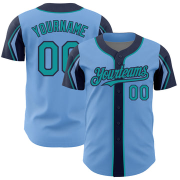 Custom Light Blue Teal-Navy 3 Colors Arm Shapes Authentic Baseball Jersey