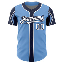 Load image into Gallery viewer, Custom Light Blue White-Navy 3 Colors Arm Shapes Authentic Baseball Jersey
