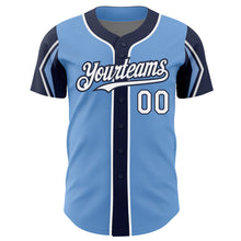 Laden Sie das Bild in den Galerie-Viewer, Custom Light Blue White-Navy 3 Colors Arm Shapes Authentic Baseball Jersey
