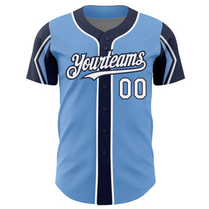 Custom Light Blue White-Navy 3 Colors Arm Shapes Authentic Baseball Jersey