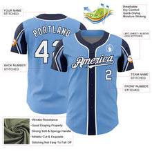 Load image into Gallery viewer, Custom Light Blue White-Navy 3 Colors Arm Shapes Authentic Baseball Jersey
