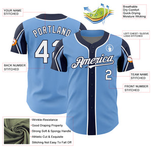 Custom Light Blue White-Navy 3 Colors Arm Shapes Authentic Baseball Jersey