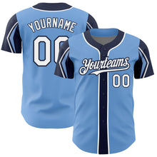Load image into Gallery viewer, Custom Light Blue White-Navy 3 Colors Arm Shapes Authentic Baseball Jersey

