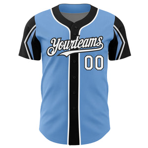 Custom Light Blue White-Black 3 Colors Arm Shapes Authentic Baseball Jersey